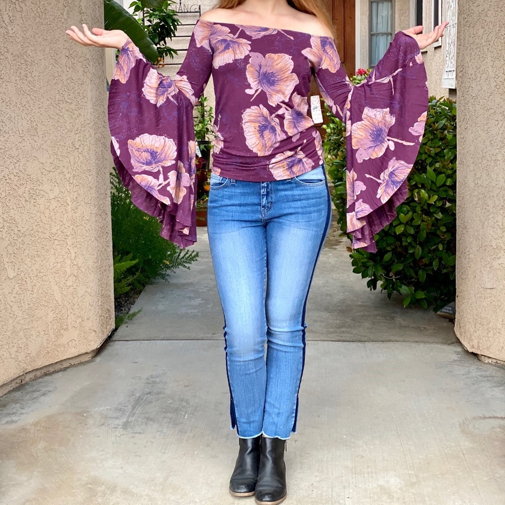 Free People Purple Bell Sleeve Off Shoulder Top
